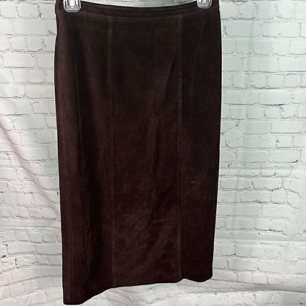 St. John Sport Chocolate Brown Suede leather long pencil skirt, size 8